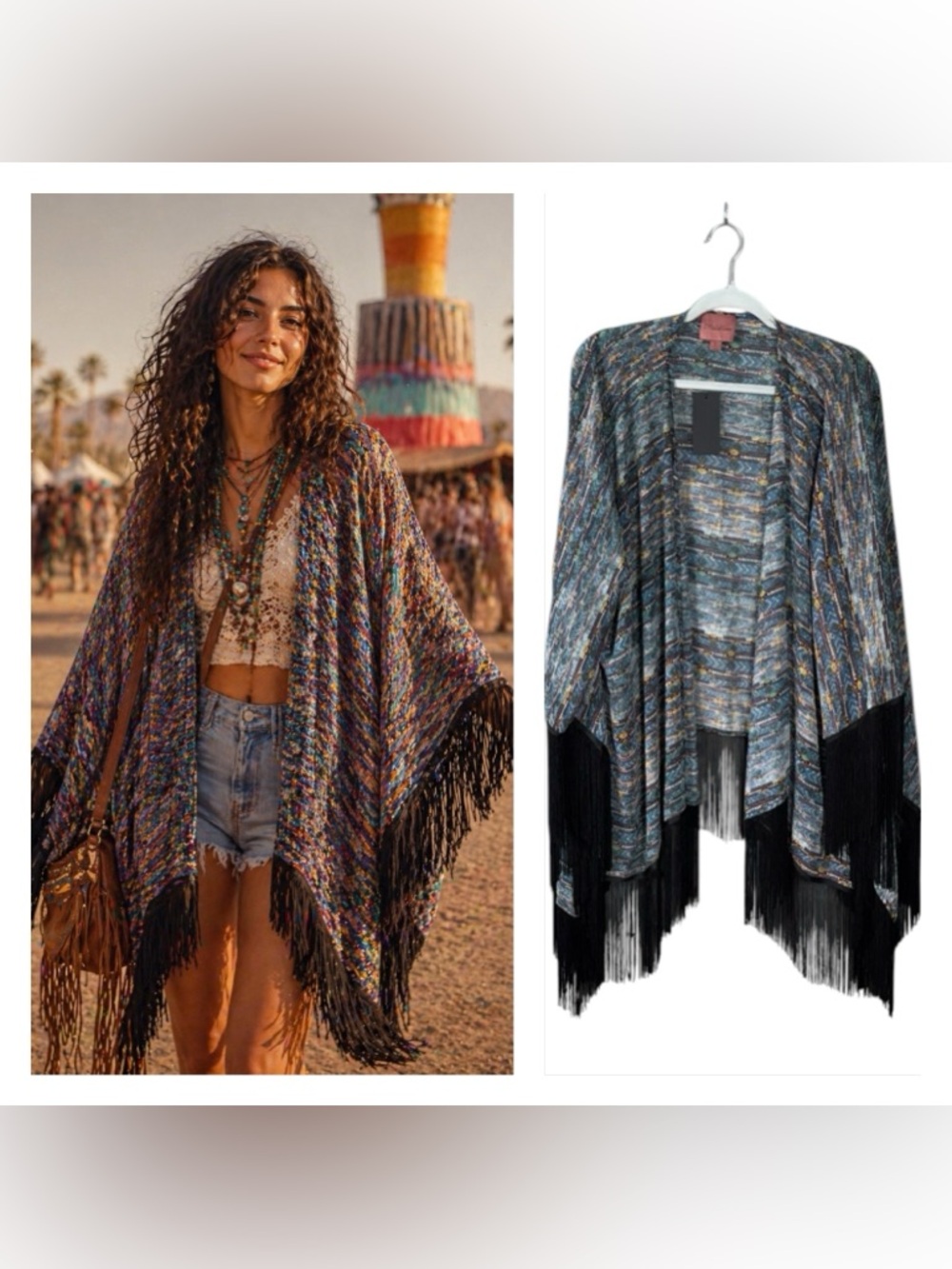 Bohemian Fringe Poncho Festival Kimono Size Large coachella Western Hippie